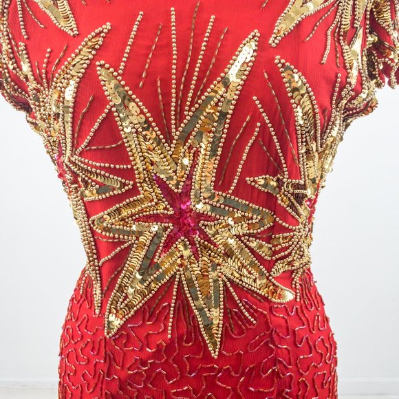 Vintage 80s 90s S/M July 4th Fireworks Silk Party Beaded Dress Holiday Stars - Picture 10 of 16